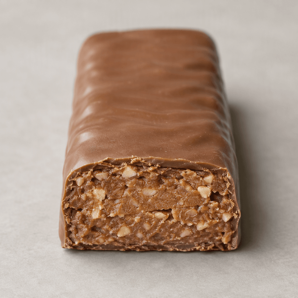 A slim rectangular bar coated in smooth pale milk chocolate, with a visible cut edge revealing a dense, creamy light-brown hazelnut filling and fine hazelnut pieces inside.