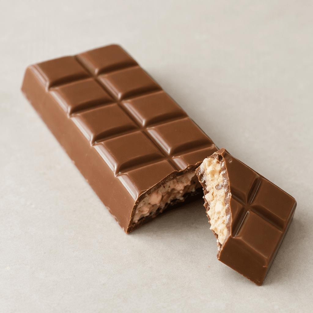 A slim rectangular milk-chocolate bar divided into neat raised segments, with a smooth glossy brown coating and a broken section revealing a pale beige hazelnut filling.