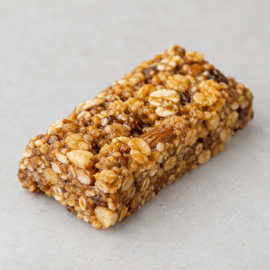 A compact, rectangular golden-brown bar with a slightly uneven surface and visible pieces of grains and nuts, served on its own.