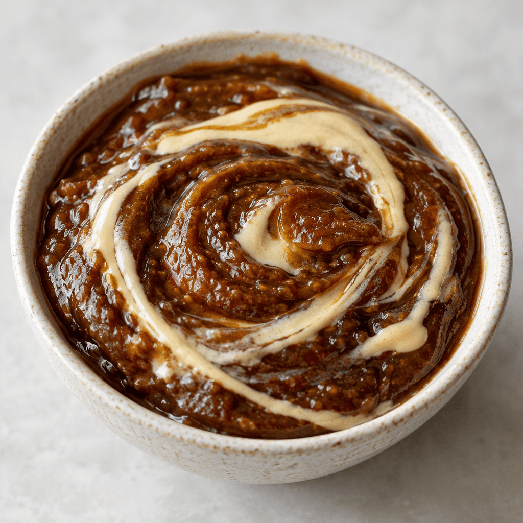 A thick, glossy dark amber-brown paste with creamy pale-beige tahini streaks, served in a small bowl with visible swirls on the surface.