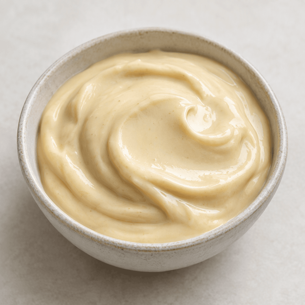 A smooth, thick, glossy pale-beige sauce sits in a small bowl, forming soft swirls across its surface.