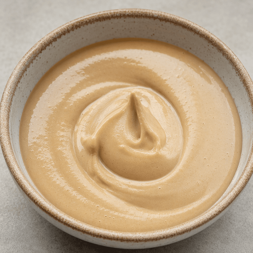 A smooth, thick sesame paste with a glossy surface, pale beige to light tan in colour, sitting in a small bowl with soft swirls and a slowly spreading pool.