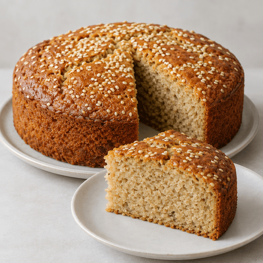 A golden-brown, round cake with a slightly cracked top scattered with pale sesame seeds, showing a dense, moist beige crumb where a slice has been cut and served on a simple plate.