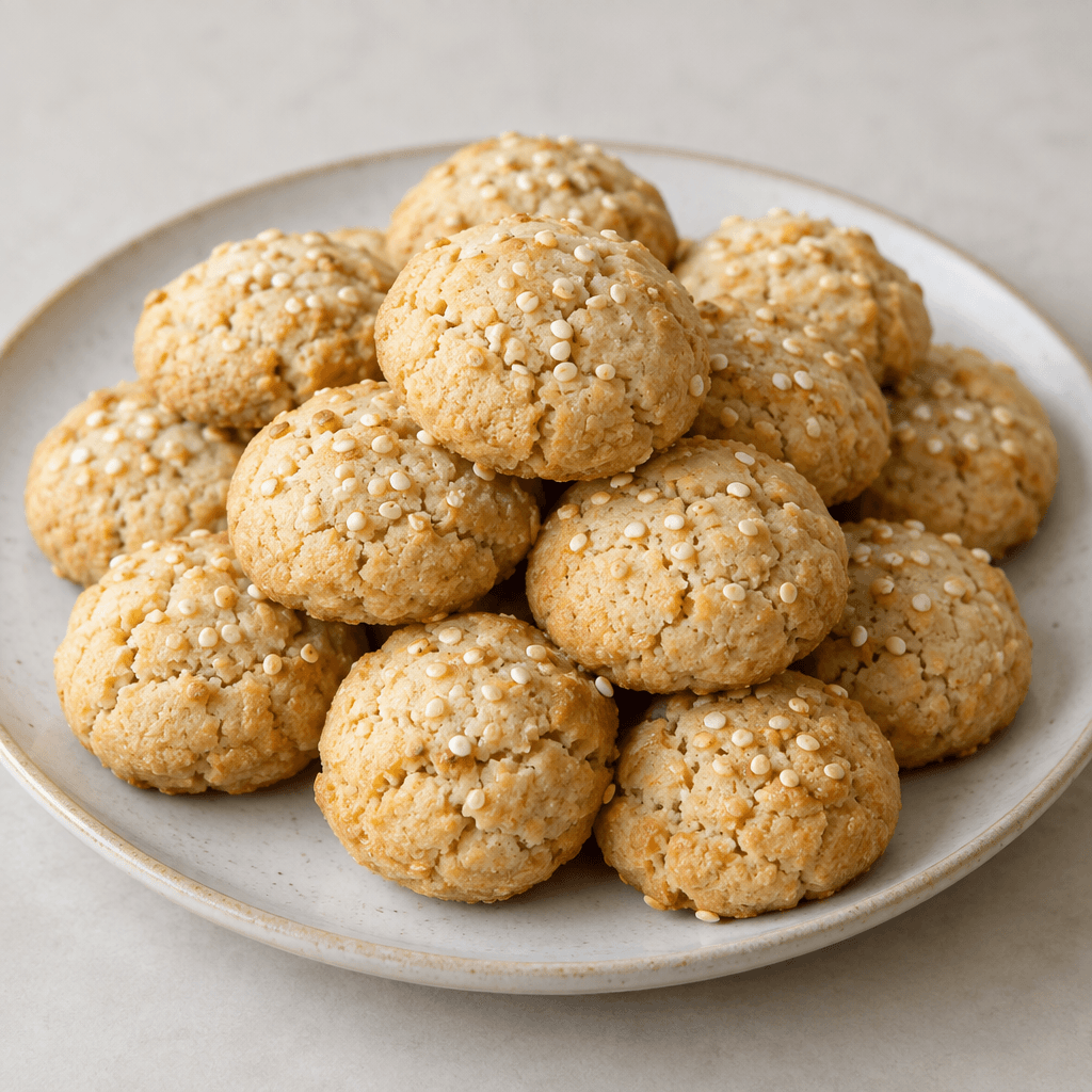 Small, round, pale golden-brown cookies with slightly cracked, crumbly surfaces and scattered sesame seeds, arranged on a serving plate.
