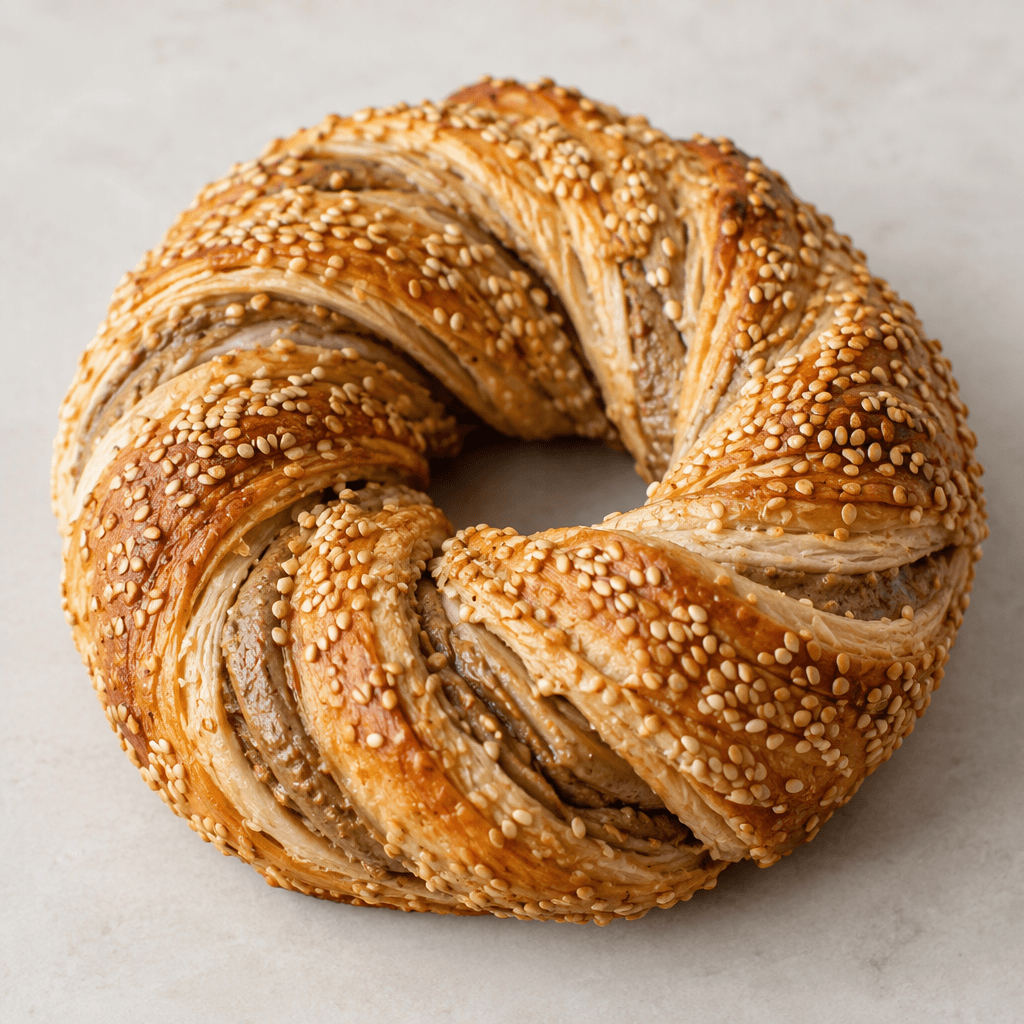 A golden-brown, ring-shaped pastry is covered with toasted sesame seeds, with visible swirls of dark beige tahini between its flaky, layered folds.