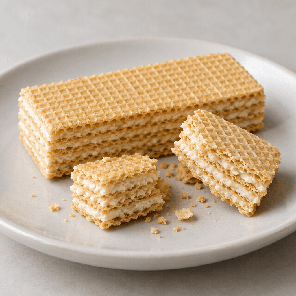 A rectangular golden-beige wafer with thin, crisp layers and pale cream filling visible between them, shown whole and in broken pieces on a plate.