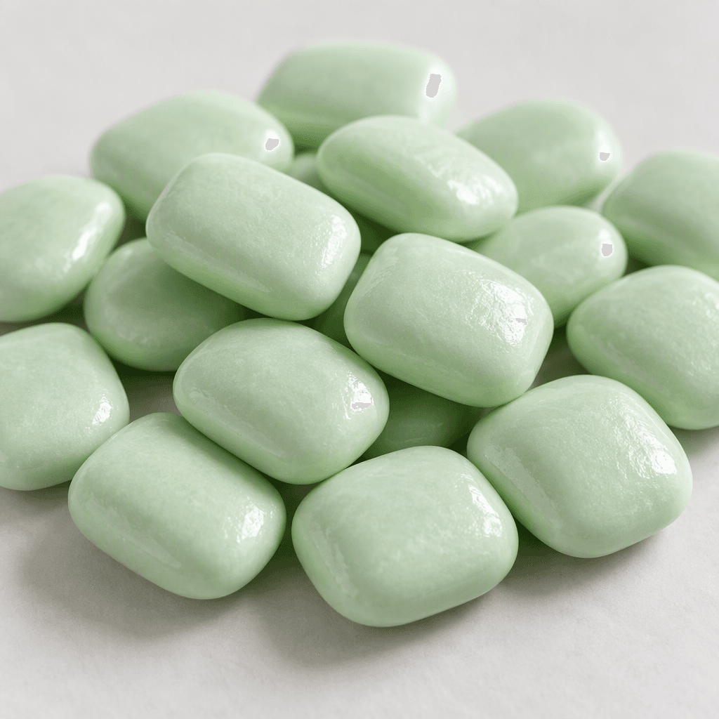 Small, pale mint-green pieces of chewing gum with a smooth, lightly glossy surface and a rounded, flattened shape are scattered together.