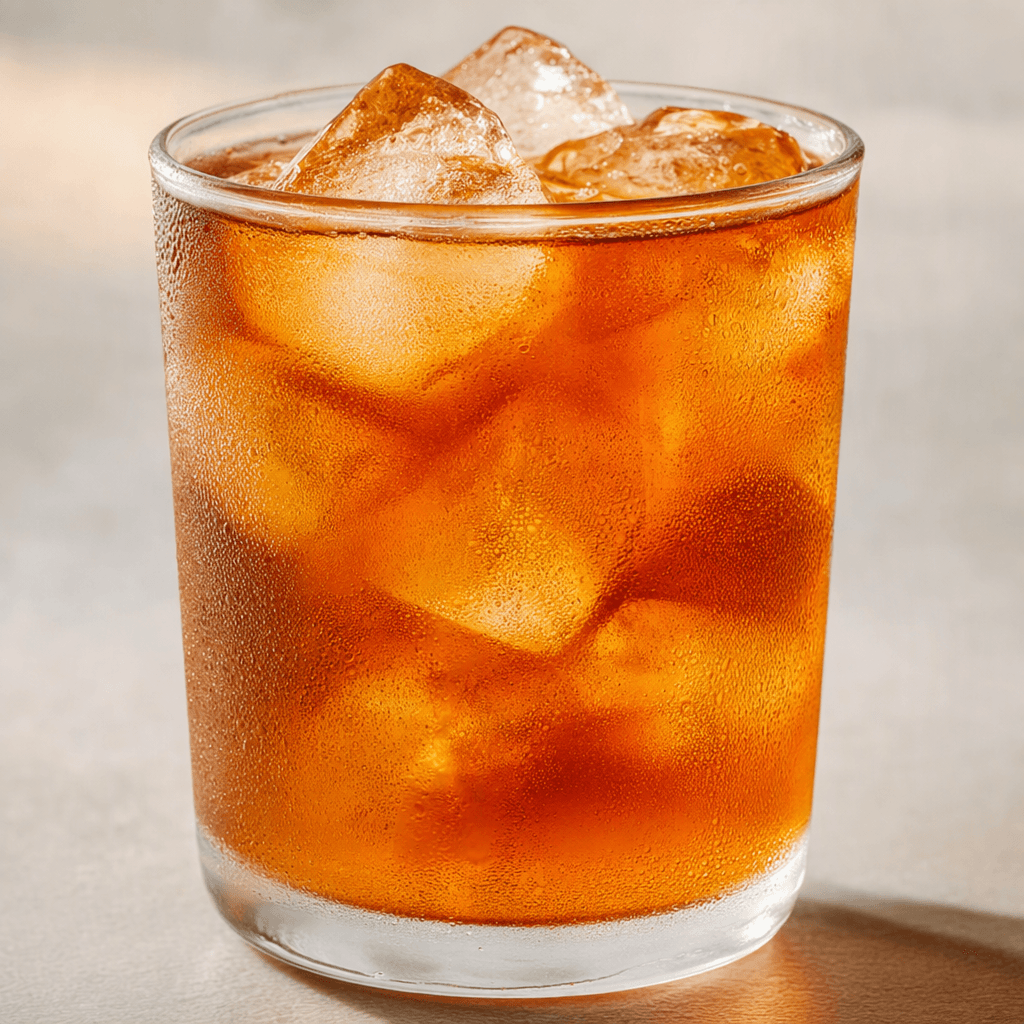 A translucent amber-brown iced tea sits in a clear glass with several pale, angular ice cubes and fine beads of condensation on the outside.