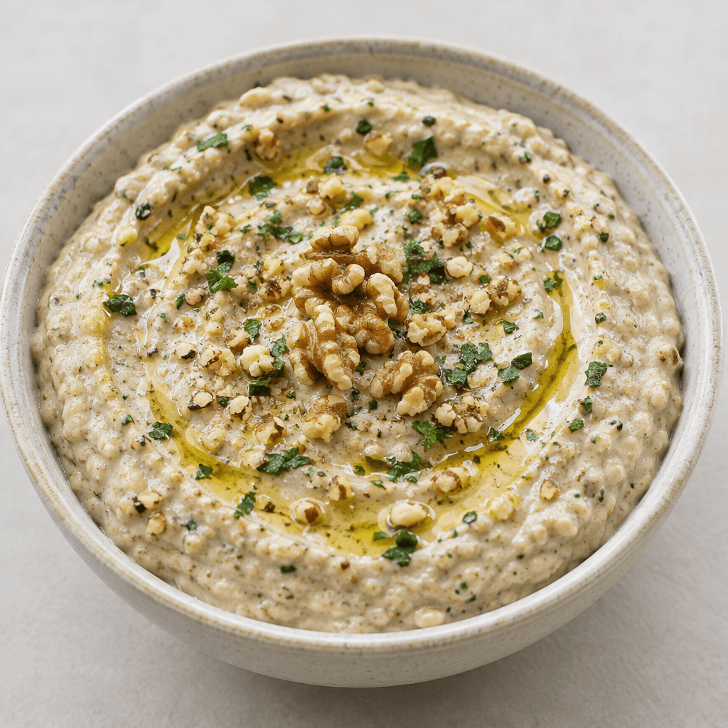 A thick, smooth ivory-beige dip sits in a shallow bowl, speckled with finely crushed walnuts and tiny green herb flecks, with a few walnut pieces and a thin olive-oil drizzle on top.
