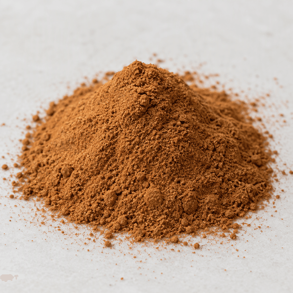 Fine, dry cinnamon powder with a warm reddish-brown colour, soft matte texture, and loosely piled into a small mound with a few scattered grains around it.