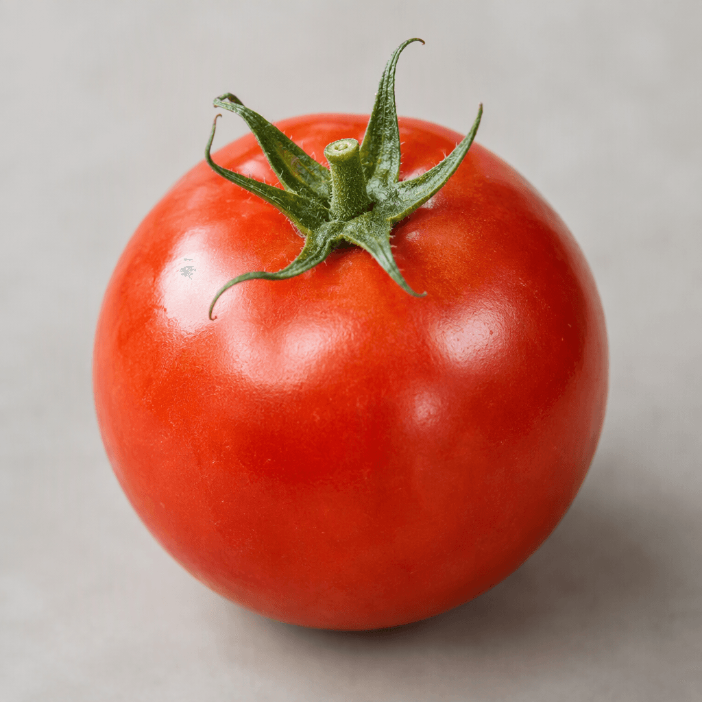A round, smooth-skinned tomato with a rich red colour, subtle natural sheen, and a small green stem attached.