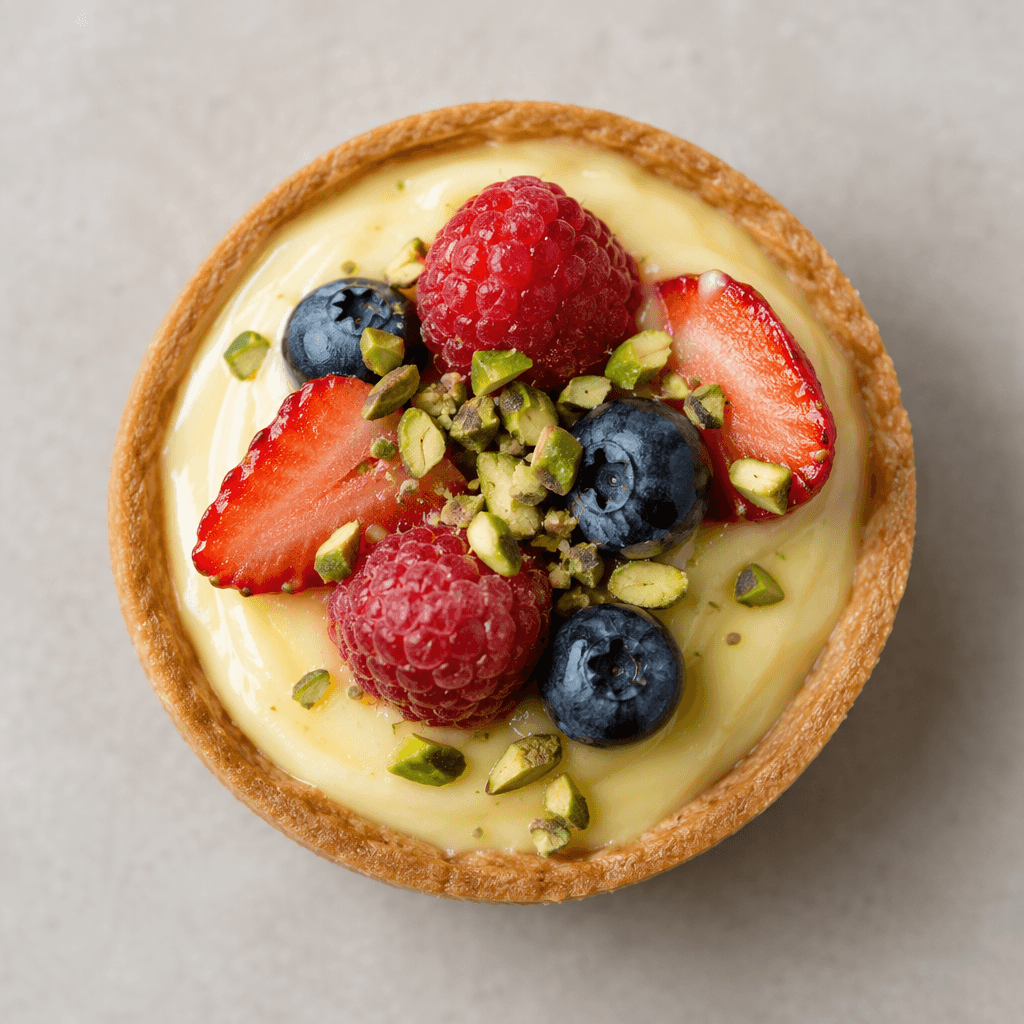 A small individual tart with a shallow, round golden-brown pastry shell, a neat creamy filling, and a smooth, slightly glossy surface visible from above.