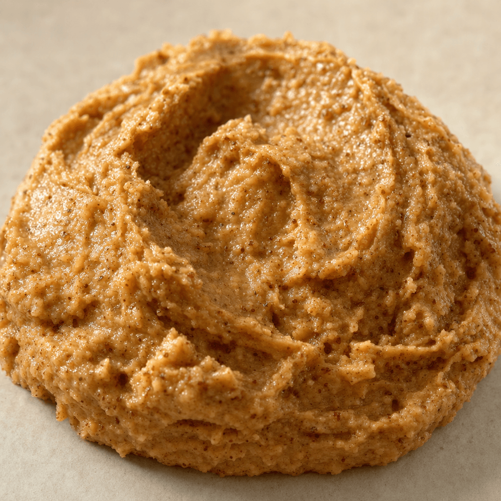 A thick, dark tan-brown walnut spread with a slightly coarse, finely speckled texture, shown in a small mound with soft spreading ridges.