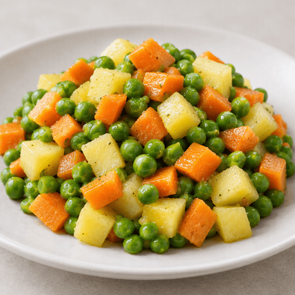 Small green peas mixed with orange carrot cubes and pale yellow potato cubes, moist and lightly glossy, are served together in a mound.