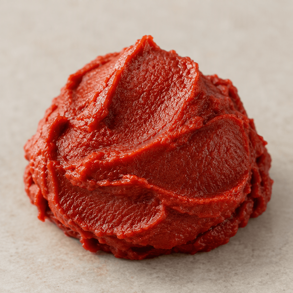 A thick, dense, deep red tomato paste sits in a small mound, with a smooth, slightly glossy surface marked by soft ridges.