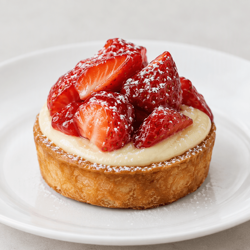 A small plated dessert with a golden-brown pastry base, a smooth pale cream layer, glossy red fruit pieces, and a light dusting of powdered sugar, served on a white ceramic plate.