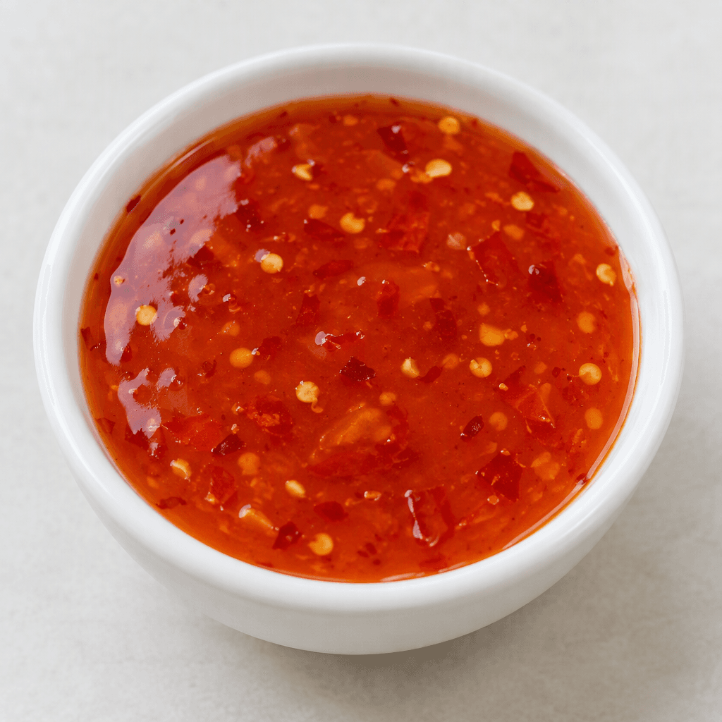 Glossy, translucent bright red-orange sauce with a thick, pourable texture, suspended red chili flakes and tiny pale seeds, served in a small dipping bowl with a smooth surface and a few visible flecks throughout.