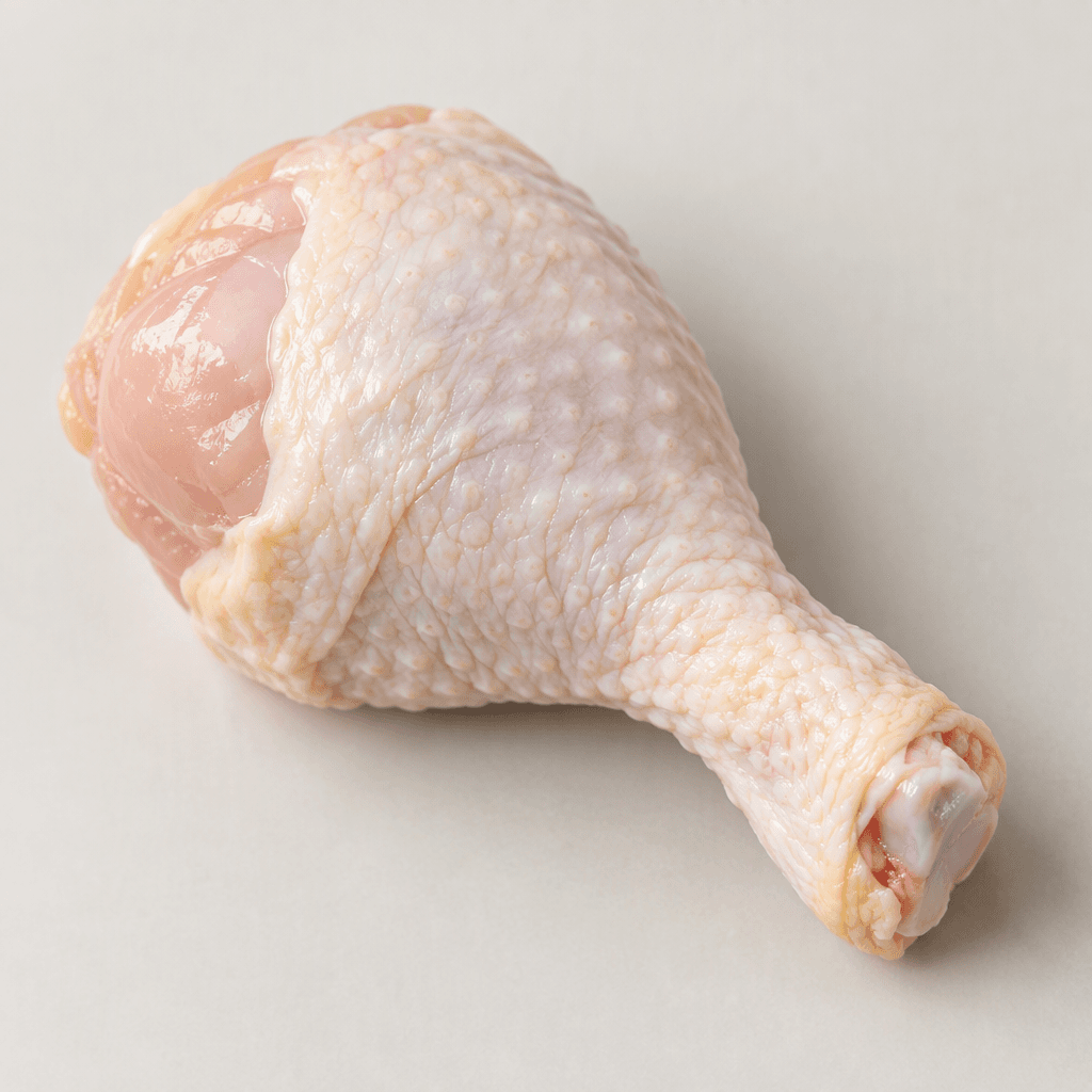 A raw chicken drumstick with pale pink, moist flesh covered by smooth off-white skin, rounded and meaty at one end and narrowing toward the exposed bone at the other.