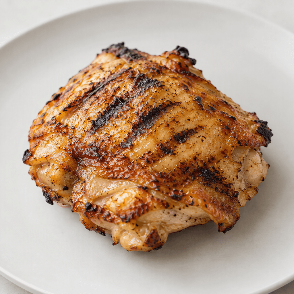 A plump, irregularly shaped chicken thigh with golden-brown skin, dark grill marks, and a few charred edges, served on a plain plate.