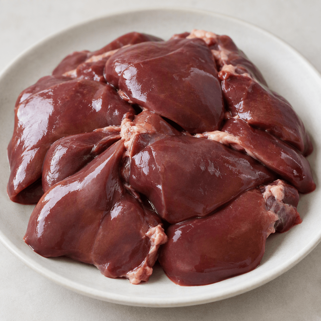 Several irregular, plump lobes of chicken liver with a smooth, slightly glossy surface, deep burgundy to reddish-brown colour, and small pale connective-tissue edges are arranged on a plate.