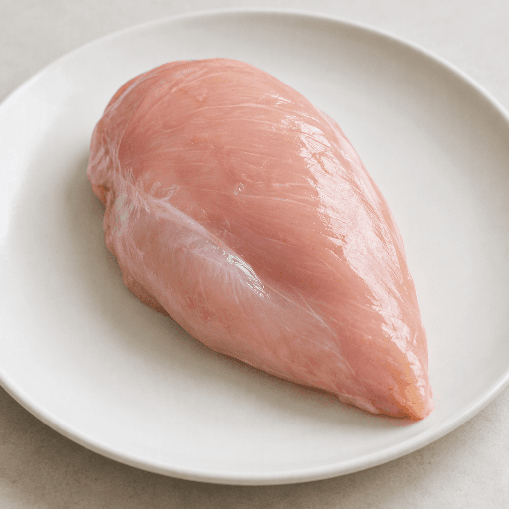 A plump, boneless chicken breast with a smooth, pale pink surface, gently tapered at one end and resting on a plain plate.