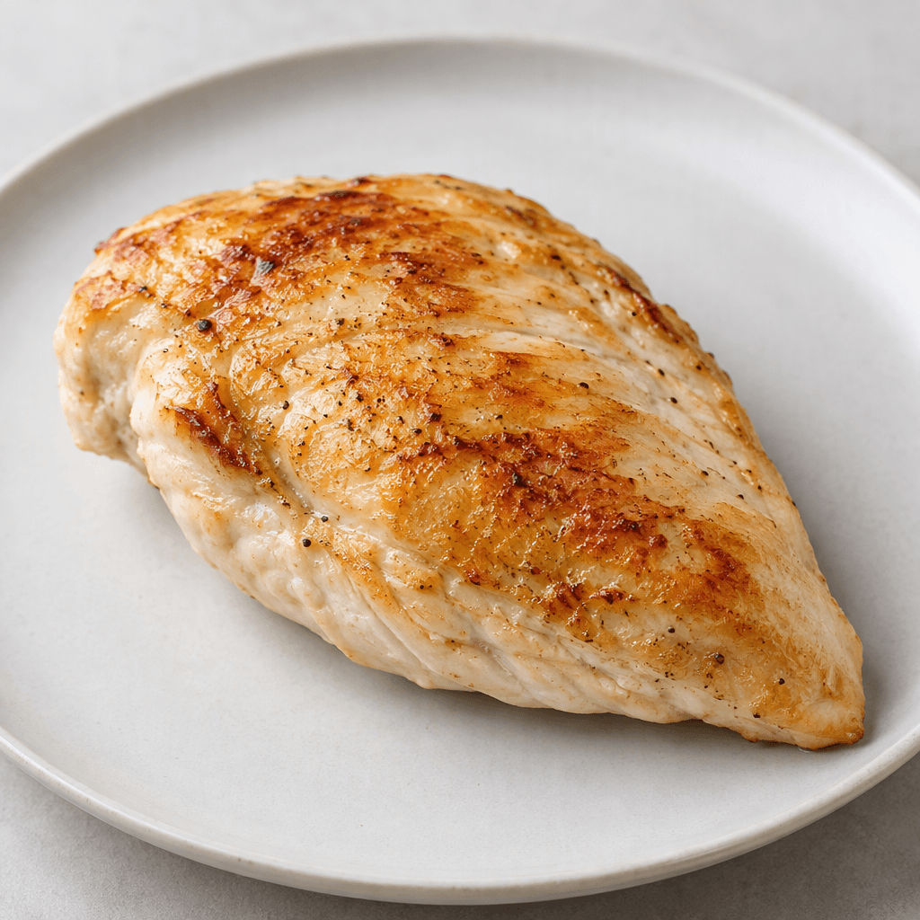 A boneless chicken breast portion with a lightly browned golden surface, pale edges, a thick tender-looking shape, and a few browned pan marks, served whole on a plate.