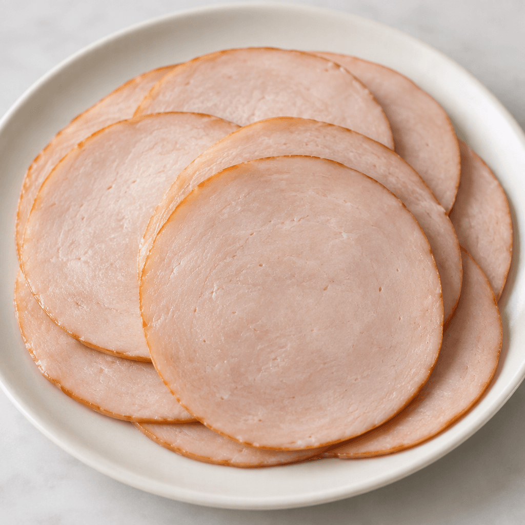 Thin, round slices of processed chicken ham with a pale pink-beige colour, a smooth compact texture, and slightly darker edges, arranged overlapping on a plain plate.