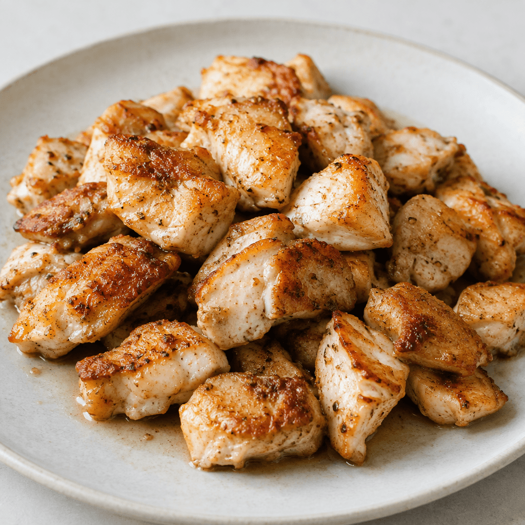 Irregular bite-sized pieces of chicken with golden-brown seared surfaces, lightly crisped edges, and pale, moist-looking centers, arranged on a serving plate with a thin sheen of cooking juices.