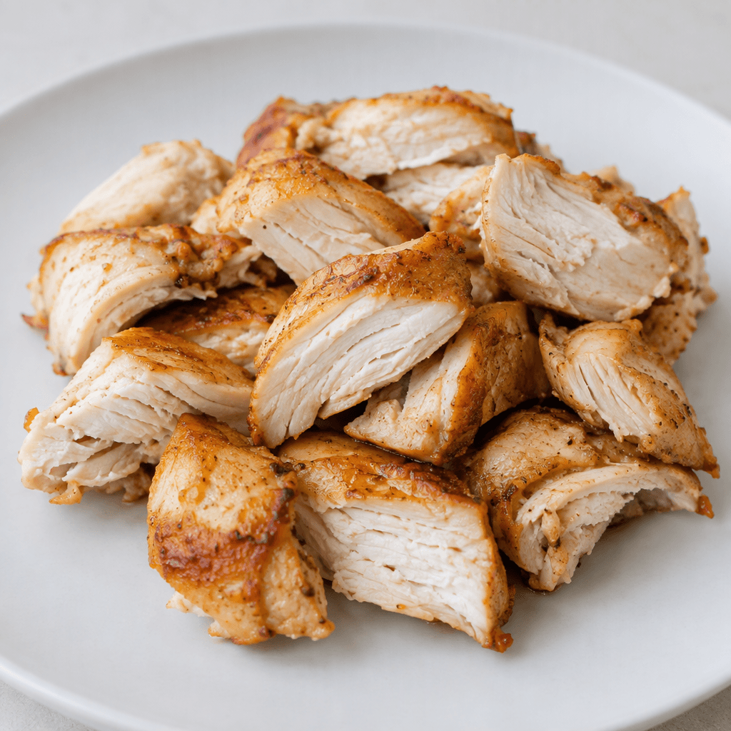 Irregular pieces of cooked chicken with opaque white to light beige meat, fine visible fibers, and golden-brown edges, arranged on a plain plate.