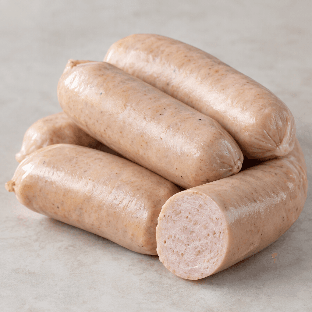 Several short, plump cylindrical chicken sausages lie side by side, with smooth taut casings in a pale pink-beige colour and a finely textured interior visible at one cut end.