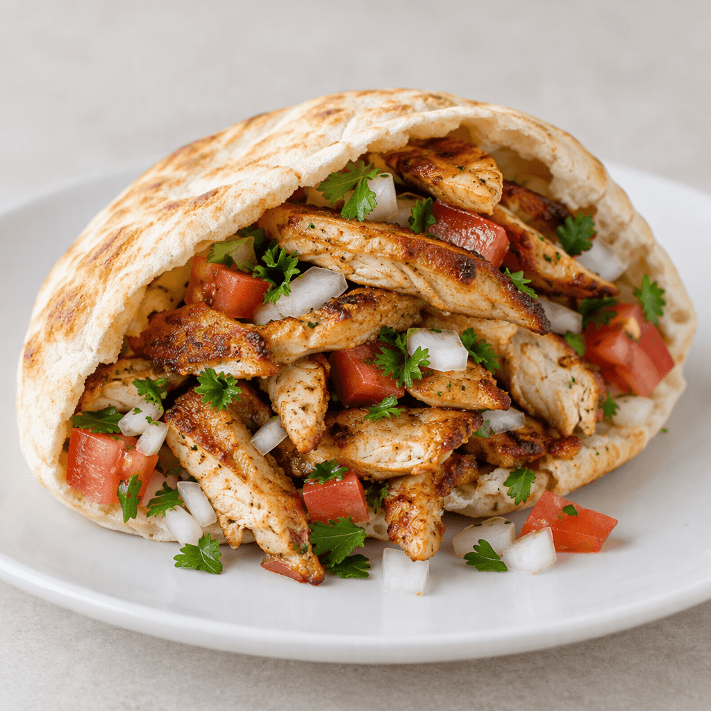 Thin strips of browned chicken with lightly crisped edges are piled inside a soft, partially opened flatbread, with chopped white onion, red tomato pieces, and green parsley visible among the meat and spilling slightly onto the plate.