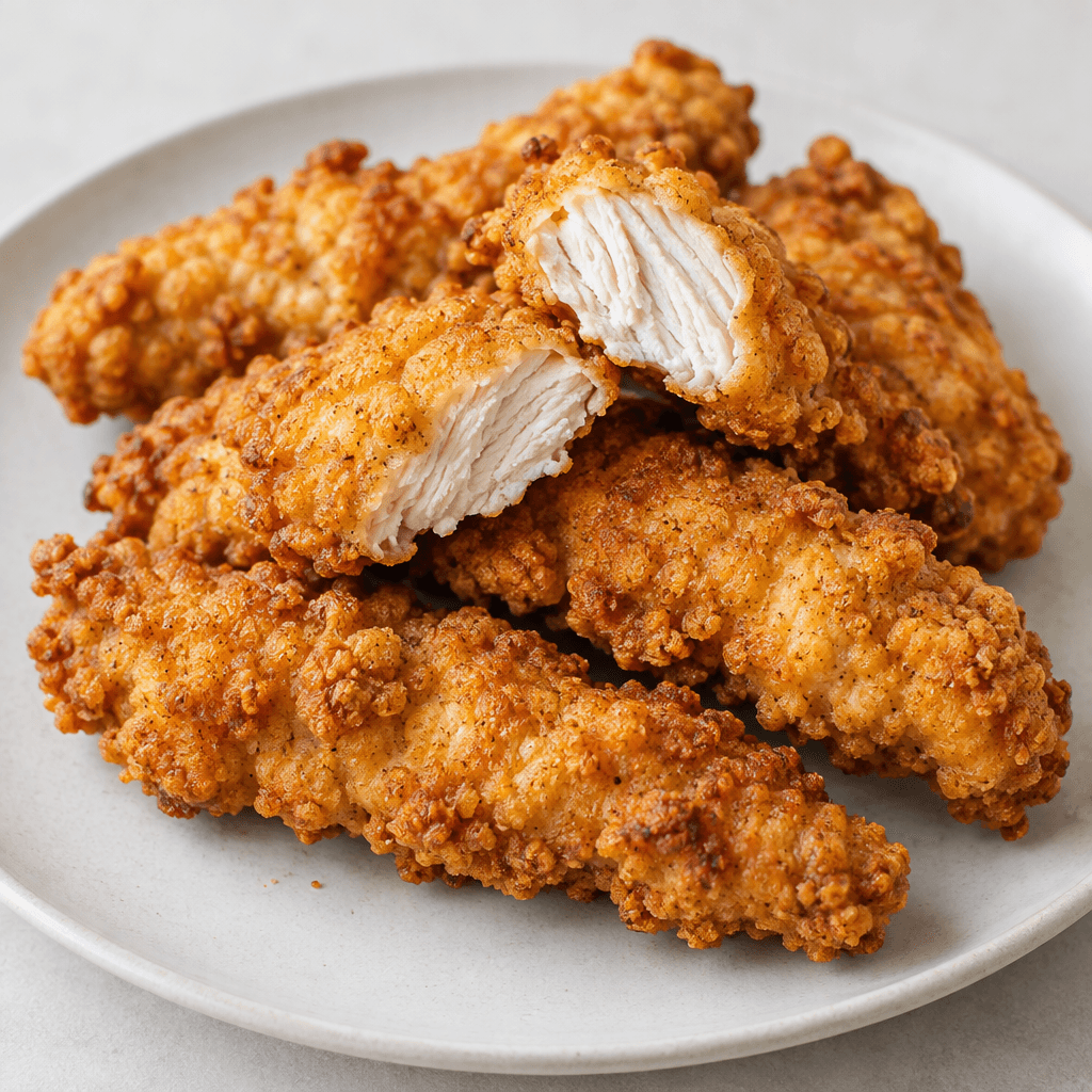 Several elongated, irregular strips of chicken with a crisp, craggy golden-brown coating are arranged on a plate, with one cut open to reveal a moist, fibrous white interior.
