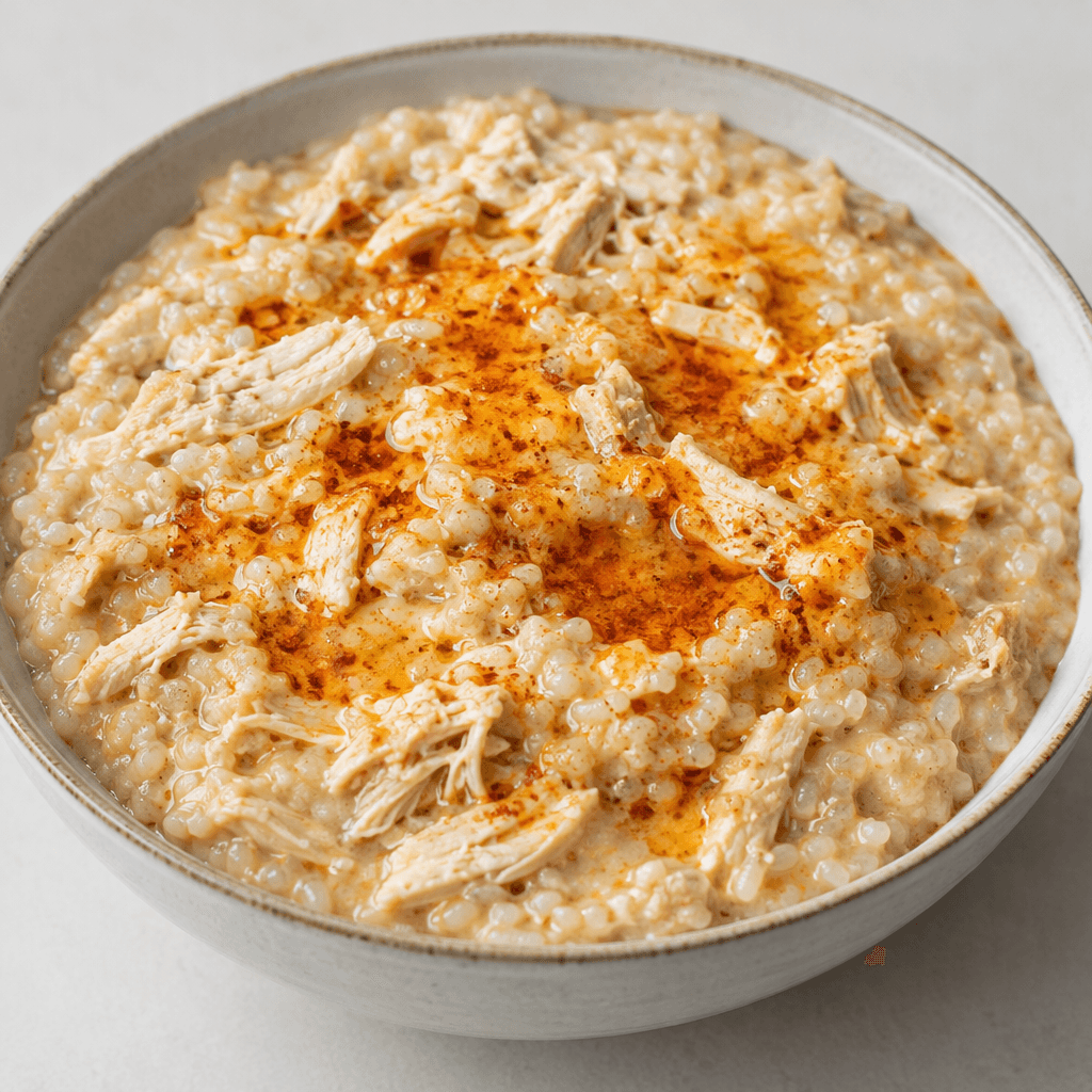 A thick, pale beige porridge of tender shredded chicken and softened wheat fills a shallow serving dish, with fibrous chicken pieces visible throughout and a glossy red-orange butter drizzle on top.