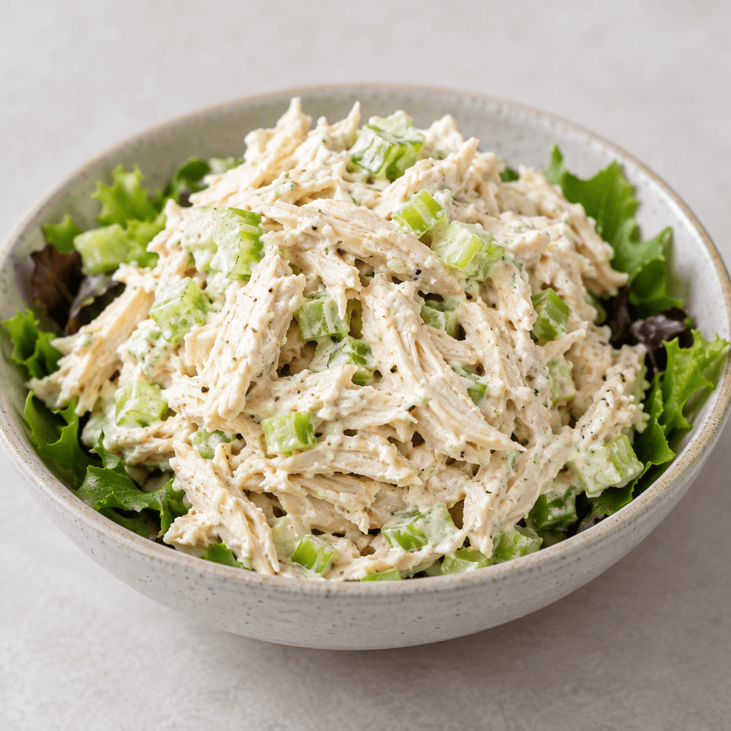 A mound of pale shredded chicken mixed with creamy white dressing and small green celery pieces, served in a shallow bowl with a few leafy greens around it.