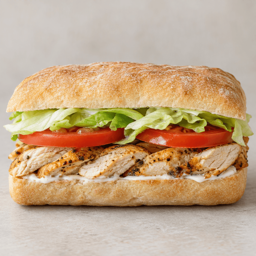 A soft, lightly toasted rectangular sandwich bun holds sliced golden-brown chicken, pale green lettuce, red tomato slices, and a thin layer of creamy white sauce, with the fillings visible between the bread halves.