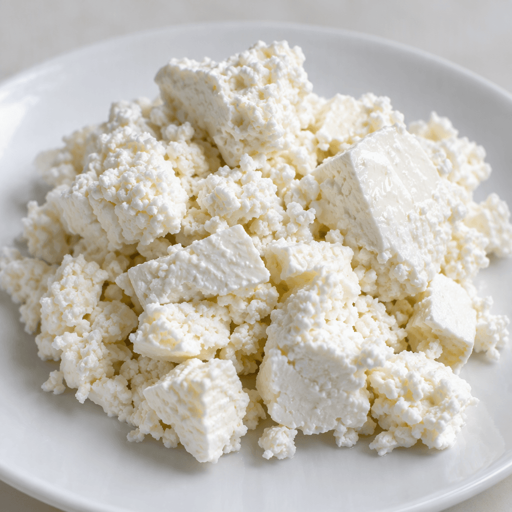 Soft, white fresh cheese appears in irregular moist curds and small crumbly blocks on a plain plate, with a smooth-to-granular surface and a few visible glistening spots.