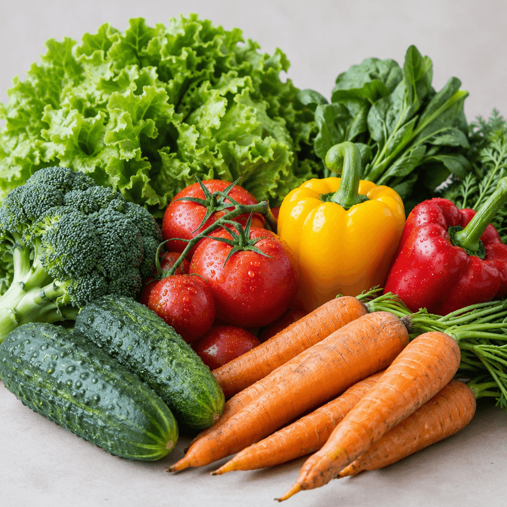 A colorful assortment of fresh vegetables, including leafy greens, tomatoes, peppers, carrots, and cucumbers, arranged together with crisp surfaces and natural variations in shape and color.