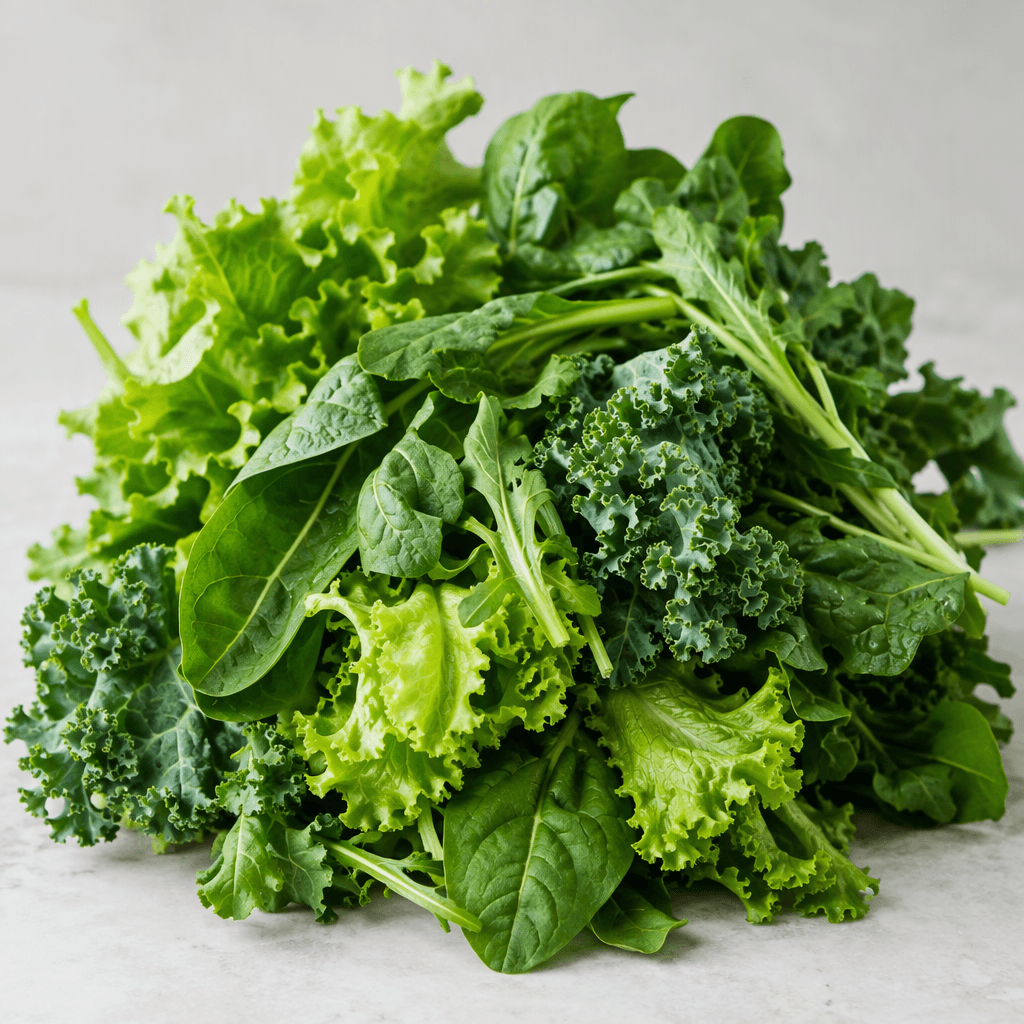 A fresh assortment of leafy green vegetables with crisp, ruffled leaves and slender stems in shades of bright and deep green, loosely arranged on a light surface.