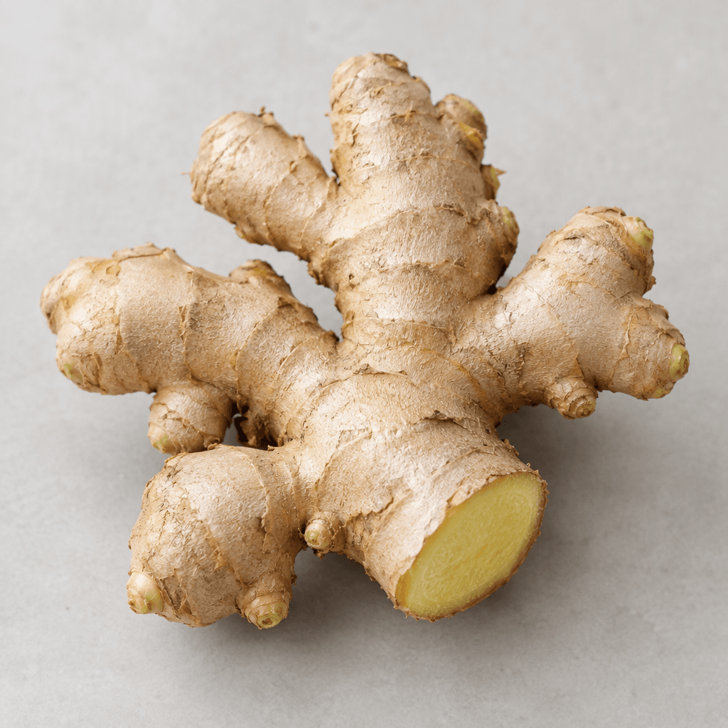 A fresh ginger root with a knobby, branching shape, thin beige-tan papery skin, small growth points, and pale yellow flesh visible where the root is cut.