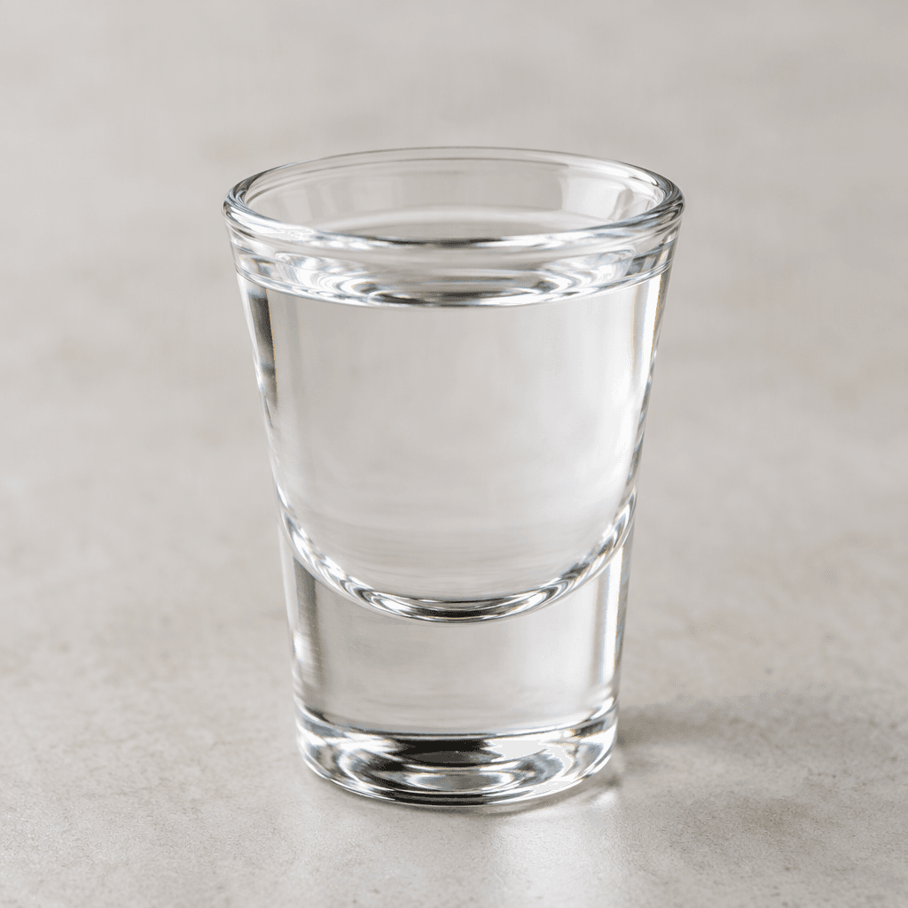 A small shot glass contains a transparent, colourless liquid with a smooth, glossy surface.