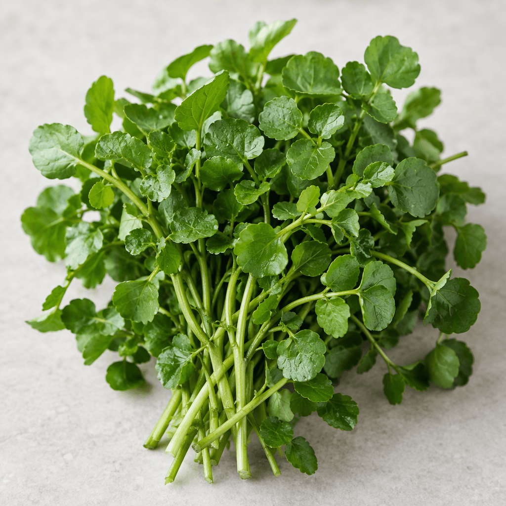 A loose bunch of watercress with slender pale-green stems and numerous small, rounded to slightly scalloped deep-green leaves, arranged fresh and leafy with a few stems overlapping.