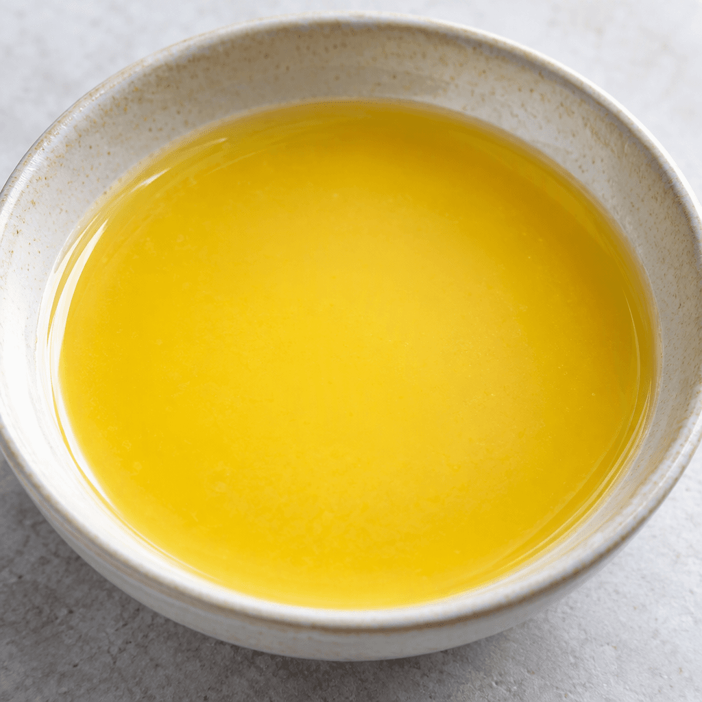 A smooth, glossy pale-golden liquid butter sauce sits in a shallow pool, with a thin, fluid consistency and no visible solid pieces.