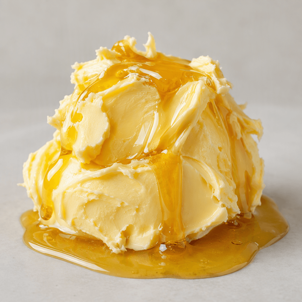 Pale yellow butter sits in a soft mound with glossy golden honey drizzled over it and pooling around the base.