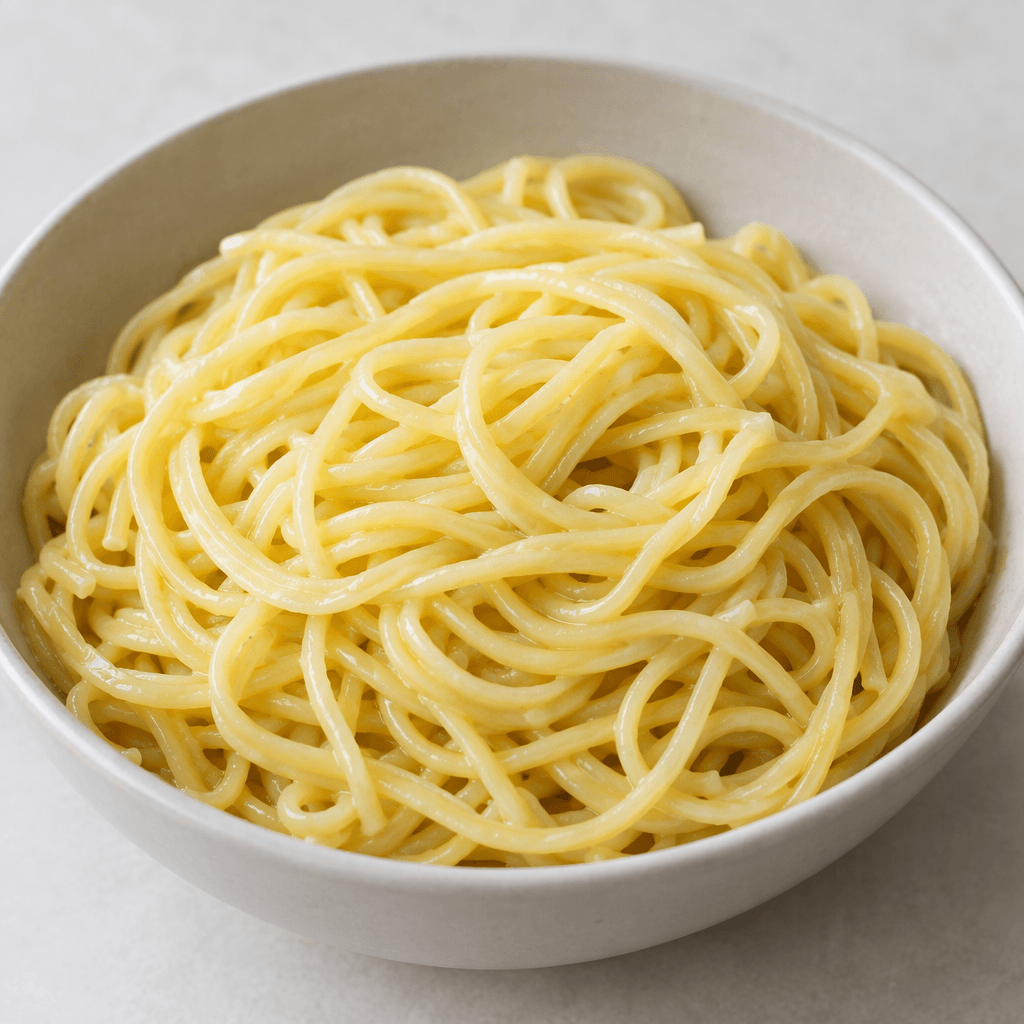 Glossy pale-yellow noodles lie in a loose, softly tangled mound in a simple bowl, with individual strands lightly coated in melted butter and no visible garnish.