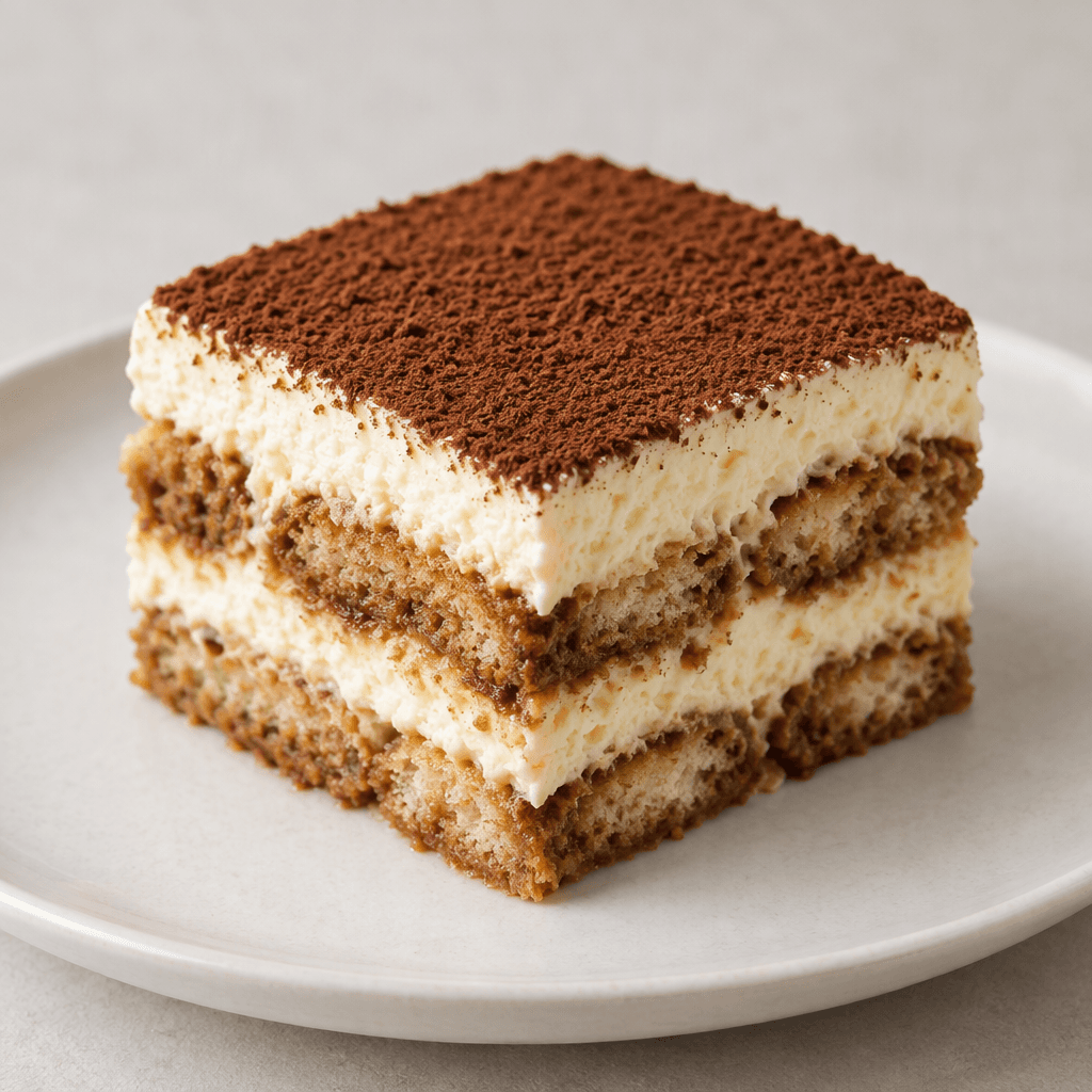 A square slice of layered dessert with pale cream filling between soft, coffee-soaked biscuit layers, topped with a thick smooth layer of cream and an even dusting of dark brown cocoa powder, served on a plain plate.