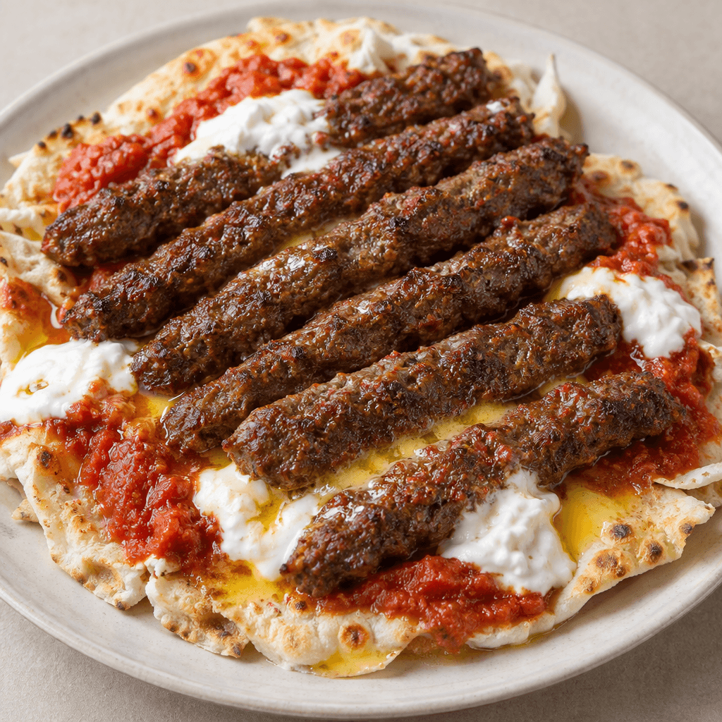 Slim, finger-length pieces of minced beef with browned, slightly ridged surfaces are arranged over torn flatbread, with red tomato sauce, spoonfuls of white yogurt, and a sheen of melted butter visible around them.