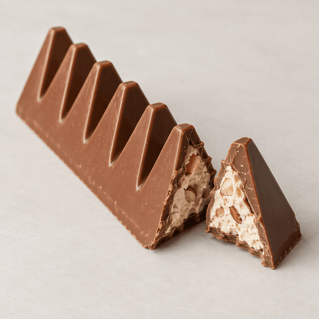 An elongated milk-chocolate bar with a repeating row of tall triangular peaks, a smooth medium-brown surface, and one broken section revealing pale nougat with small almond pieces inside.