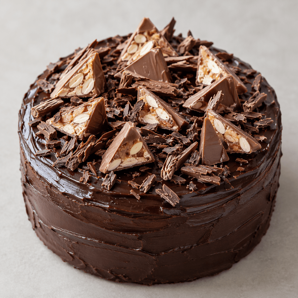 A round chocolate cake with dark, glossy frosting, topped with triangular pieces of milk chocolate studded with pale almond-and-honey nougat and scattered chocolate shavings.