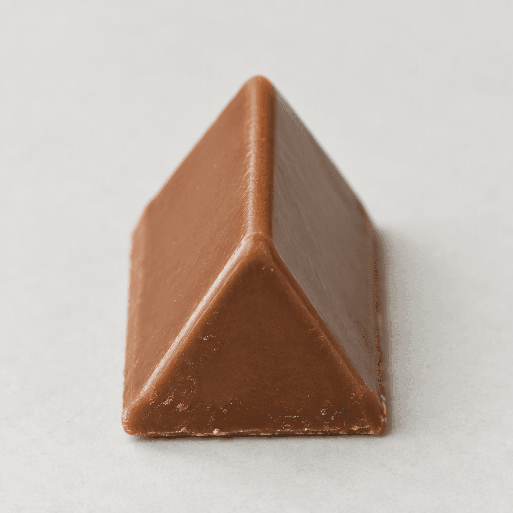 A small piece of light-brown milk chocolate shaped like a triangular prism, with a pointed ridge, sloping sides, and a smooth, slightly glossy surface.