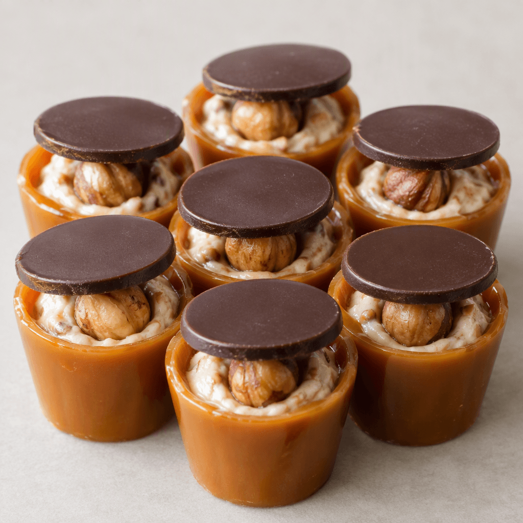 Small, glossy amber-brown caramel cups are arranged together, each filled with pale creamy nougat and a whole hazelnut, then topped with a round dark-chocolate disk.